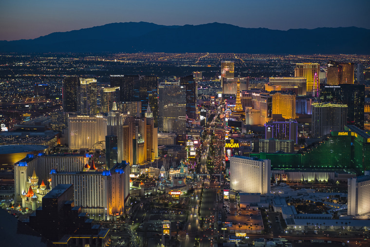 Aerial view of the illuminated urban landscape, Las Vegas, Nevada, United States, 