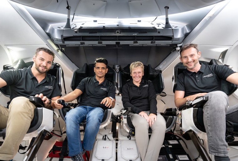 From left, Ax-4 crew members Tibor Kapu of Hungary, Indian Space Research Organization astronaut Shubhanshu Shukla, former NASA astronaut Peggy Whitson, and European Space Agency astronaut Sławosz Uznański-Wiśniewski of Poland.