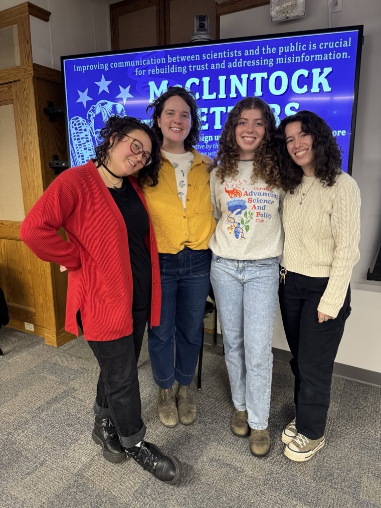 Isako Di Tomassi, Hannah Frank, Emma Scales and Alex Lando, who are the chiefs of a Cornell Policy Club organizing the letters McClintock.