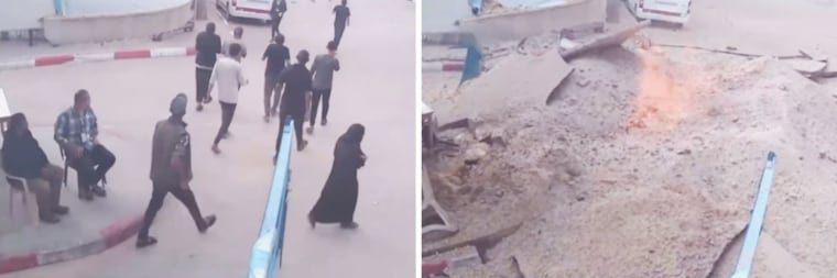 Surveillance footage shows people hit by an Israeli missile strike on Gaza's European Hospital on May 13.