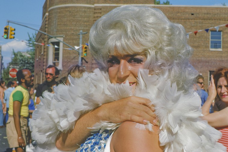 A drag performer at the Gay Liberation Parade on Christopher Street in New York City in 1976.