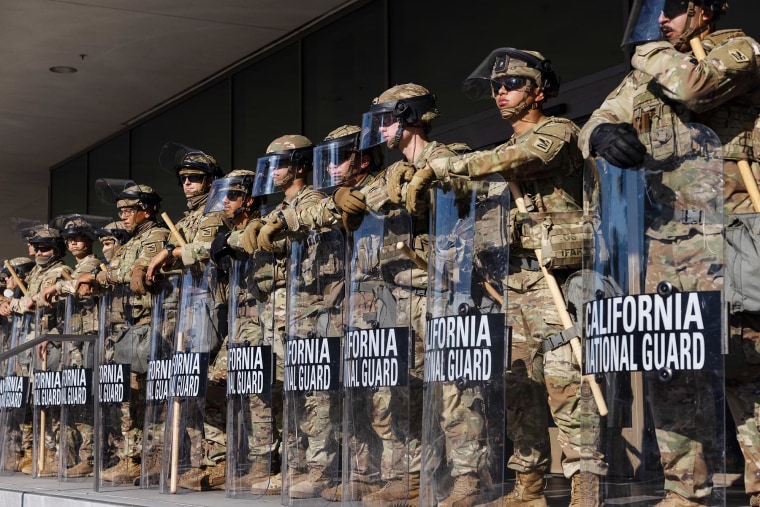 Members of the California National Guard protect the Federal building in downtown Los Angeles on June 10, 2025.
