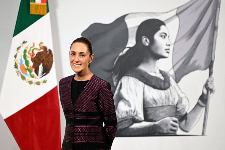Uma bandeira mexicana e mural sorrindo em frente a Claudia Shainboum