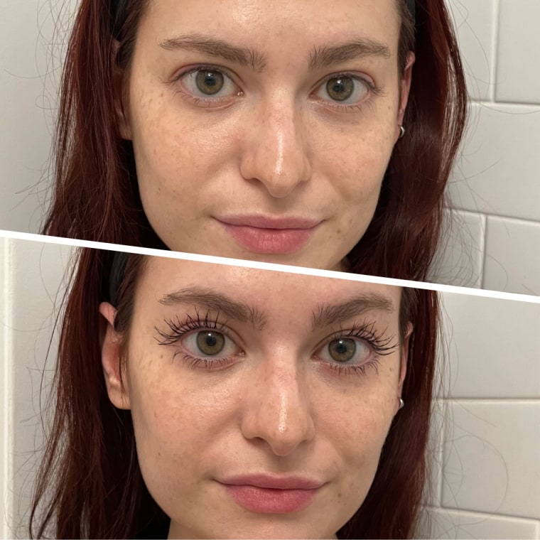 Production associate Audrey Ekman before and after applying the Almay Thickening & Tint Hypoallergenic Volume Mascara.