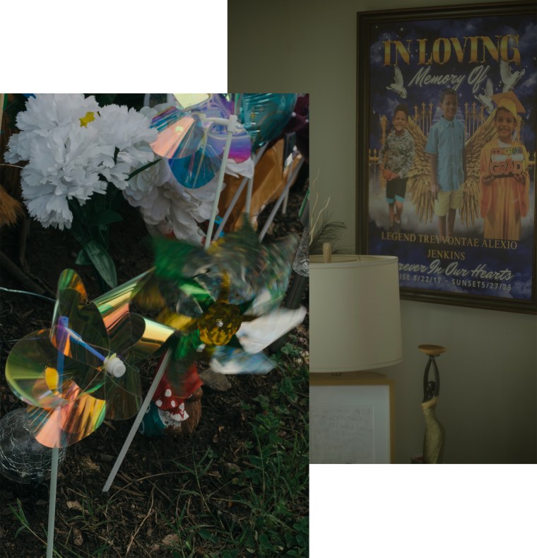 Objects left at the memorial in the median on Hudson Blvd; a memorial to Legend Jenkins in his grandmother's home.