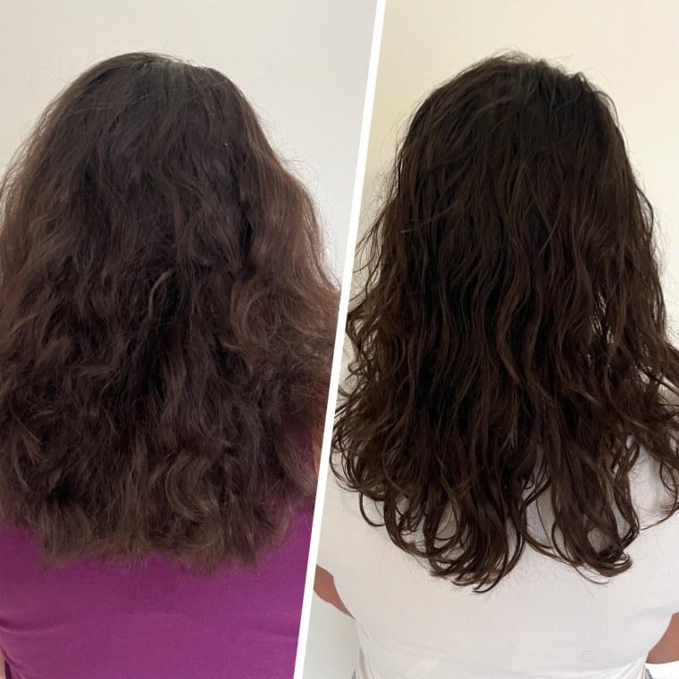 Producer Jillian Gonzales before and after applying The Mane Choice The Alpha Bond Repair Leave-in Conditioner.