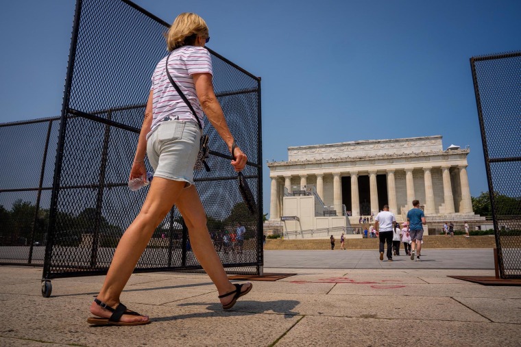Temporary fencing at the Lincoln Memorial ahead of the Army's 250th birthday parade and celebration on June 11, 2025 in Washington, D.C.