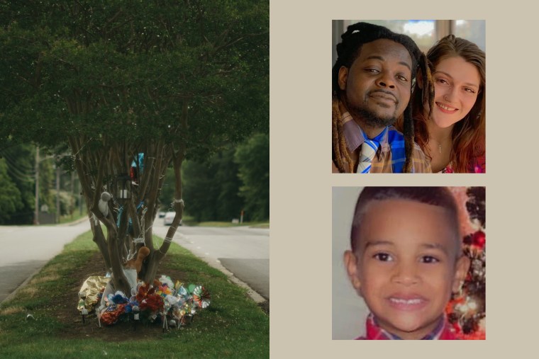 A tree with flowers and mementos on the road where Legend Jenkins was hit and killed by a car; Samuele Jenkins and Ivey Legend in a photo; Legend Jenkins at Christmas.
