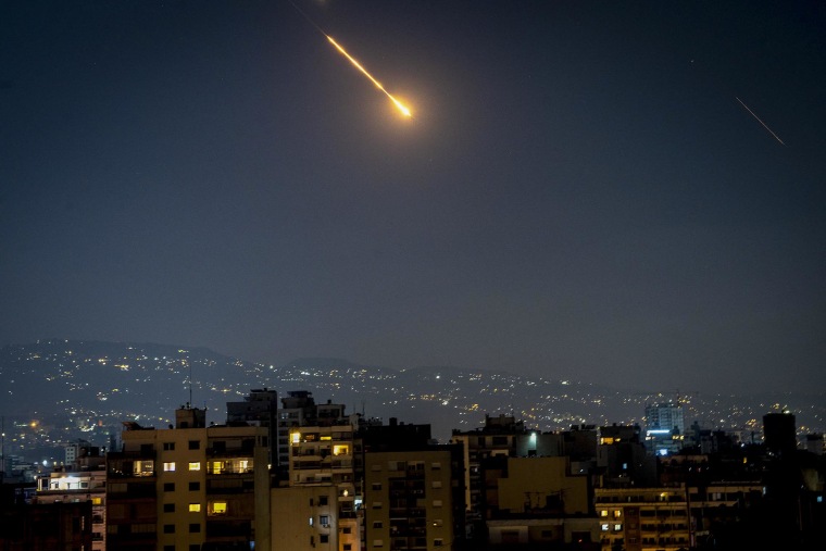 Iranian missiles and Israeli interceptors light up the sky over Beirut, Lebanon, on June 14, 2025.