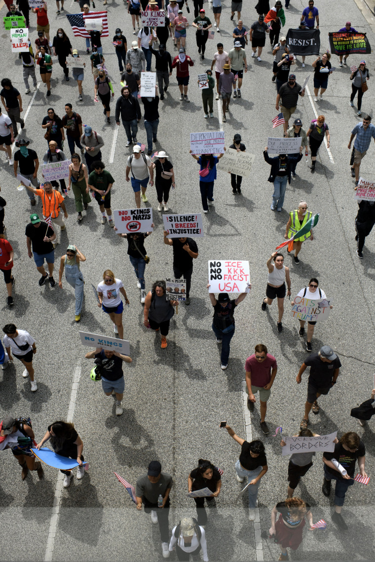Image: People marching, holding protest signs and flags.