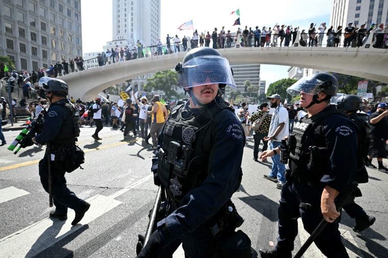Image: Police carry batons through a protest crowd.