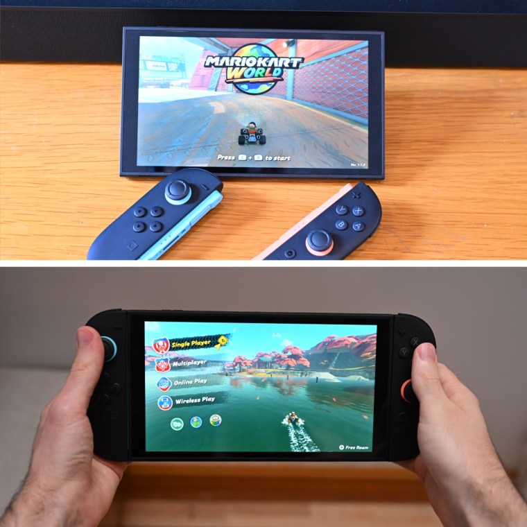 A split image, the top image is of the Nintendo Switch 2 with its Joy-Con controller removed, resting in front of the screen. The bottom image is a close up of the console being held, with Mario Kart World on screen.