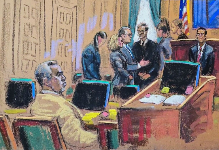 U.S. District Judge Arun Subramanian holds a sidebar with lawyers during Sean "Diddy" Combs' sex trafficking trial in a courtroom sketch.
