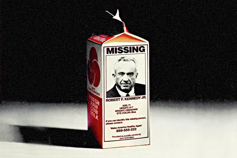 Illustration of RFK Jr.'s photo on a raw milk carton under a "Missing" label.