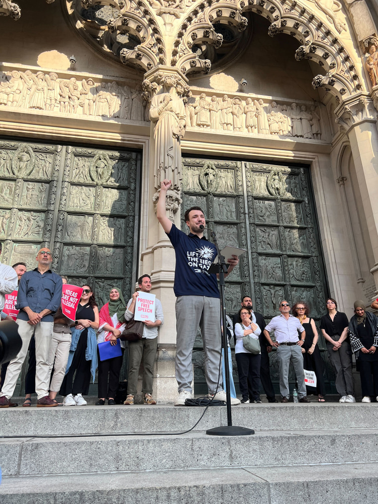 Mahmoud Khalil spoke to the press Sunday on the steps of the Cathedral of St. John the Divine in New York City, just a few blocks away from Columbia University.