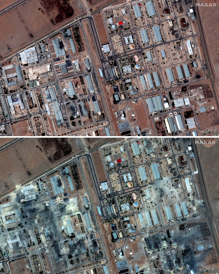 Isfahan nuclear enrichment facility on June 16, top, and Sunday after it was hit by U.S. strikes.