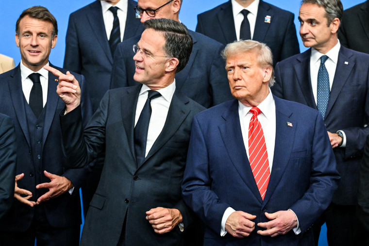 France's President Emmanuel Macron, NATO Secretary General Mark Rutte, US President Donald Trump and Greece's Prime Minister Kyriakos Mitsotakis
