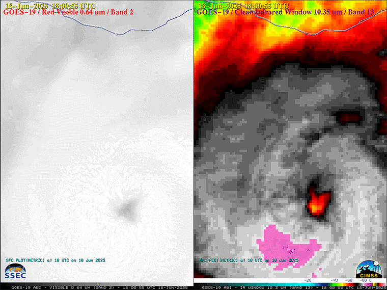 The visible and infrared images show the Hurricane Erick because he intensified a category 2 storm on June 18, 2025.