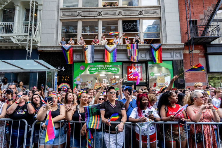 Crowds watch as people take part in the 2025 NYC Pride March