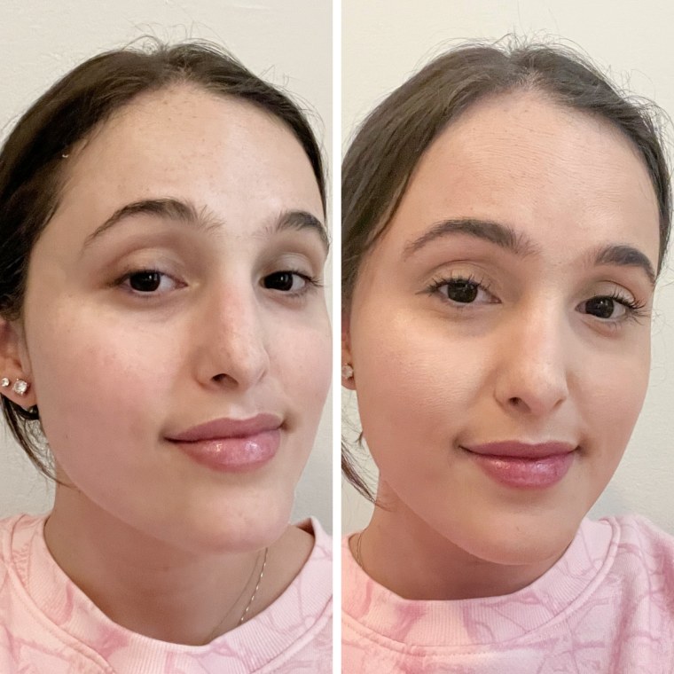 Side by side of woman with no makeup and same woman with the Armani Beauty foundation