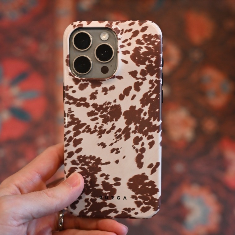 A close up of the Burga Tough Phone Case on an iPhone 15 Pro Max.