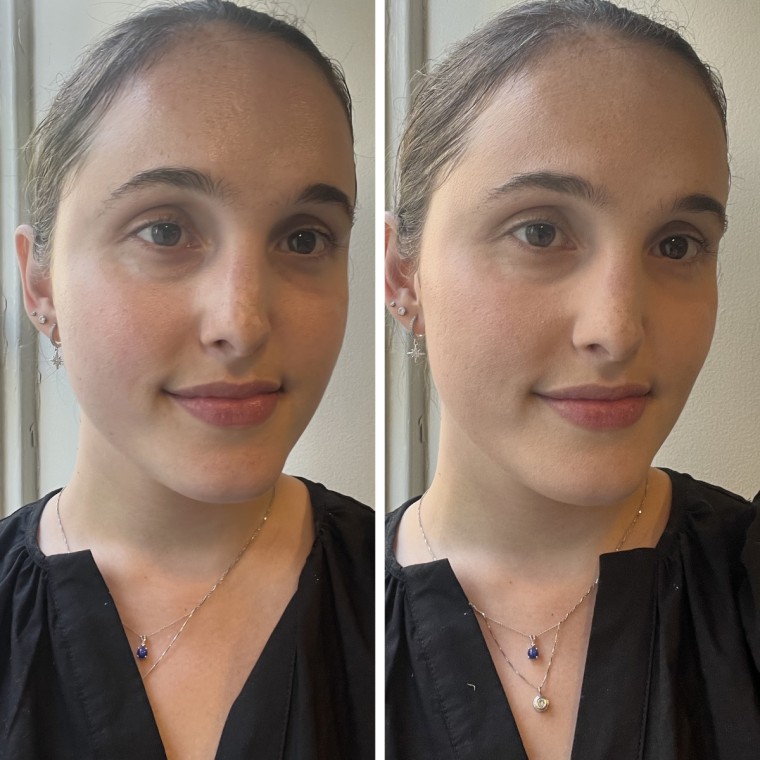 Before of woman not wearing makeup and after of woman wearing Chanel foundation