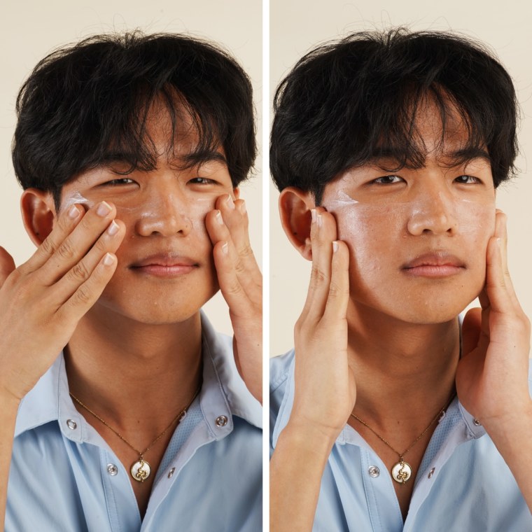 Two close-ups showing a man rubbing in a zinc oxide formula on his face.