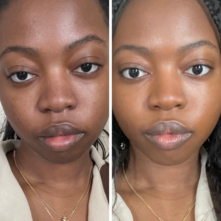 Side by side of woman with no makeup and same woman with the Glossier foundation