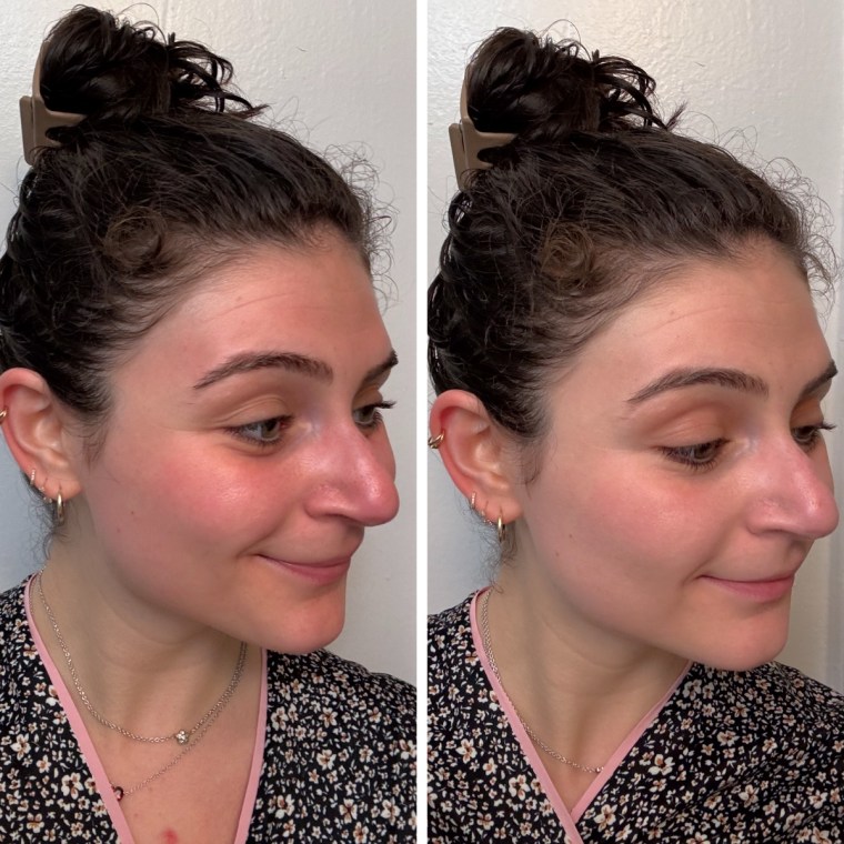 Side by side of woman with no makeup and same woman with the Glossier foundation