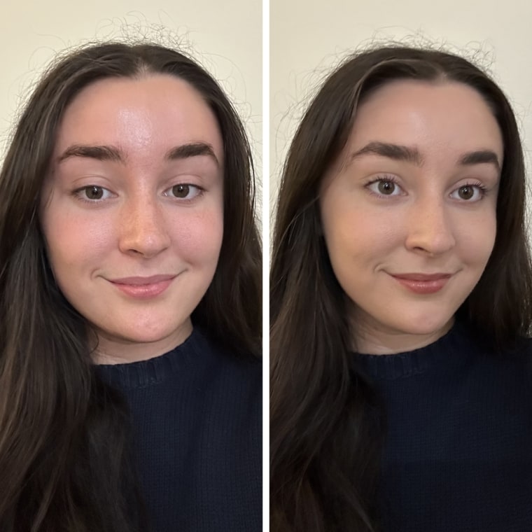 Before and after of woman not wearing makeup and wearing Huda Beauty foundation