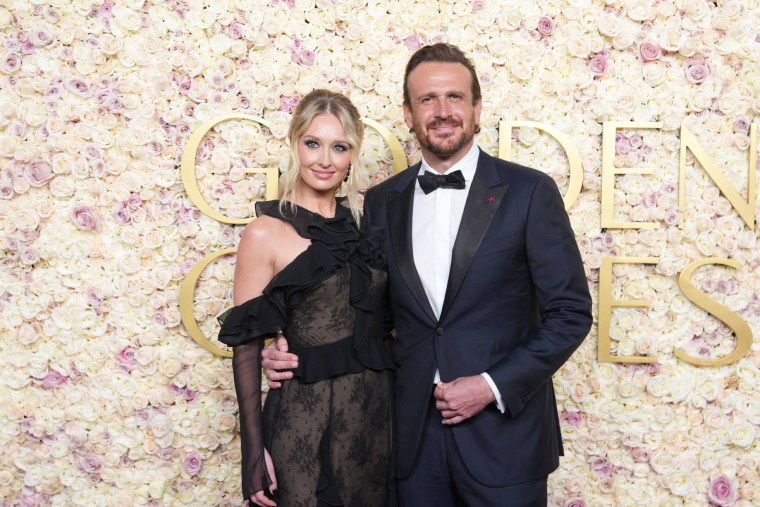 Kayla Radomski and Jason Segel during the 82nd Annual Golden Globes held at The Beverly Hilton on January 05, 2025 in Beverly Hills, California.