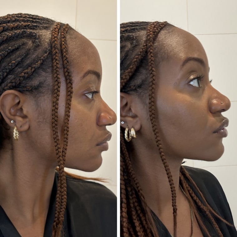 Before and after of woman wearing no makeup and same woman wearing LYS foundation