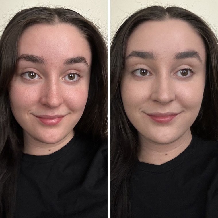 Side by side image of woman not wearing foundation and wearing Make Up For Ever foundation.