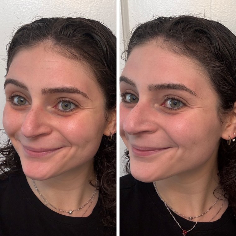 Side by side image of woman not wearing foundation and wearing Milk Makeup skin tint.