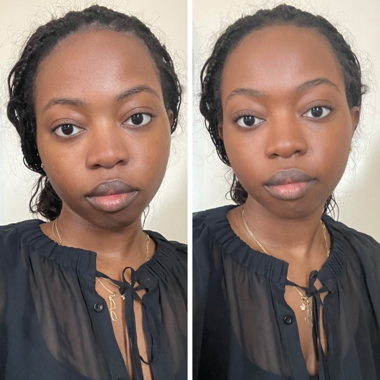 Side by side image of woman not wearing foundation and wearing Milk Makeup skin tint.