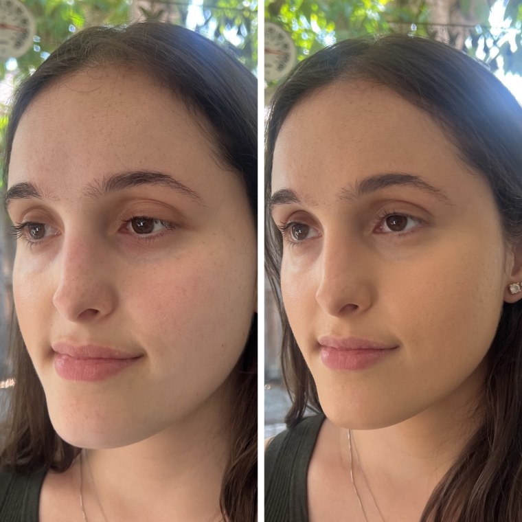 Before and after of woman wearing no makeup and same woman wearing Neutrogena foundation
