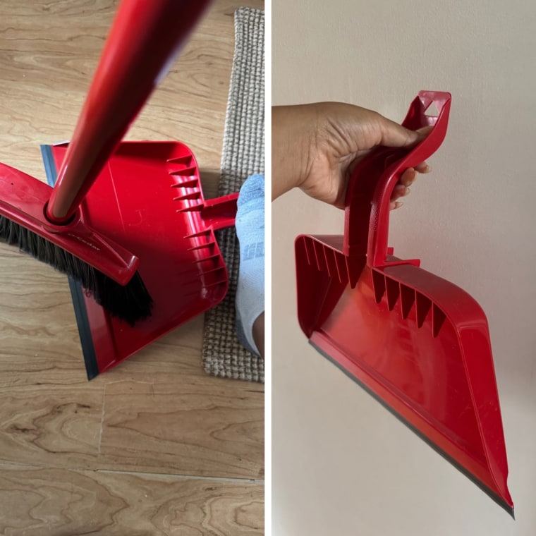 O-Cedar Pet Pro Broom with Step-On Dustpan on brown floor
