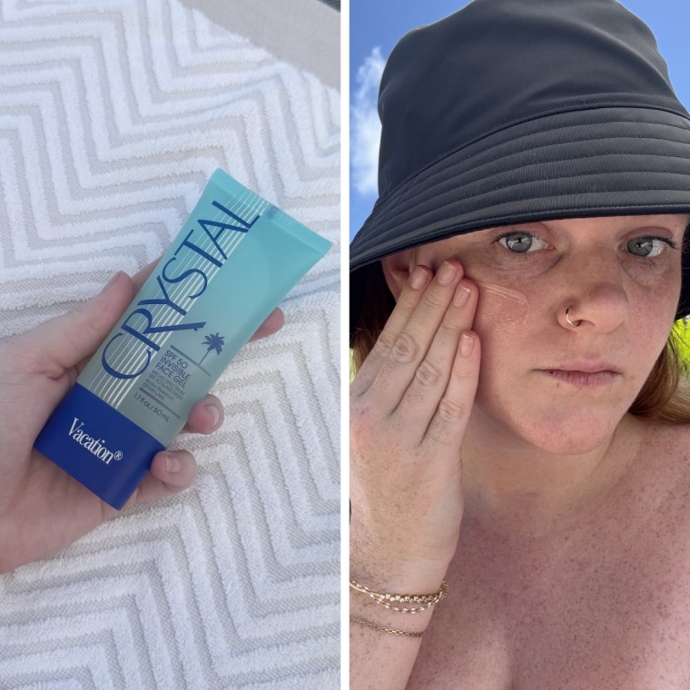 Vacation Crystal face gel formula and a woman blending in to her skin.