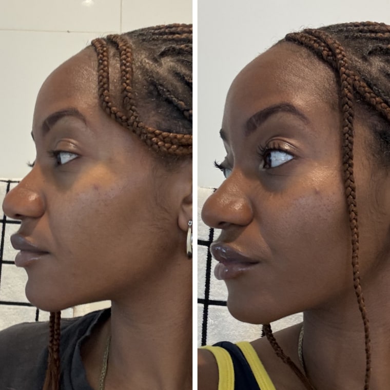 Before and after of woman wearing no makeup and same woman wearing Clinique foundation