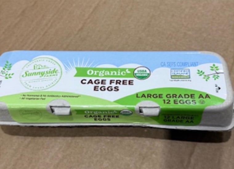 One of the affected items included Sunnyside Farms organic cage free eggs.