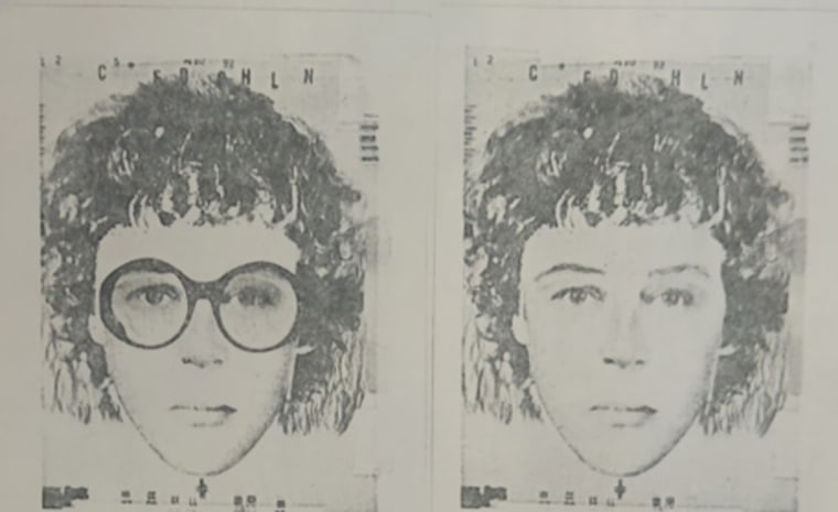 Two forensic composite sketches of a female individual with curly hair, one featuring glasses. The sketches look old and gray and were created in 1980.