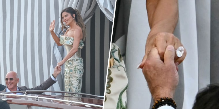 Jeff Bezos and Lauren Sanchez leave the Aman Hotel to go to dinner with guests ahead of their wedding, on June 26, 2025 in Venice, Italy.