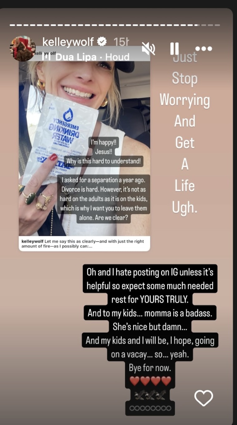 Kelley Wolf incluyó un mensaje para sus tres hijos en su historia de Instagram, diciéndoles que era una "impresionante."