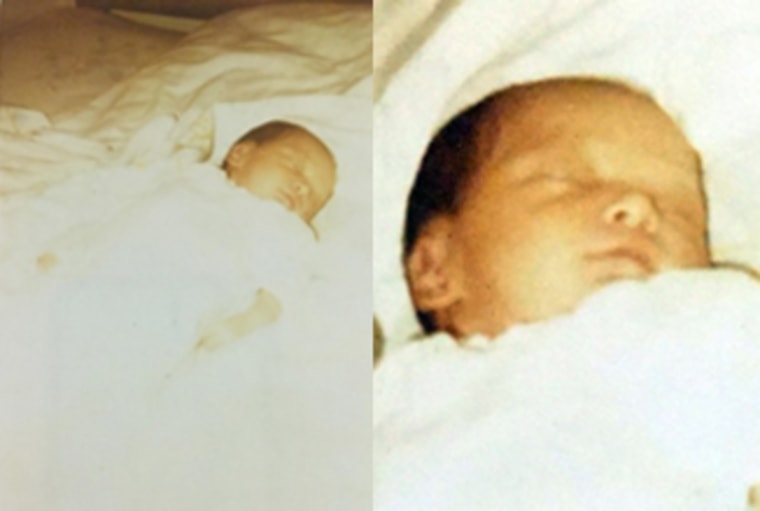 Two baby photos of Kevin Verville Jr from the hospital with his eyes closed, one more close up, both faded with time. 