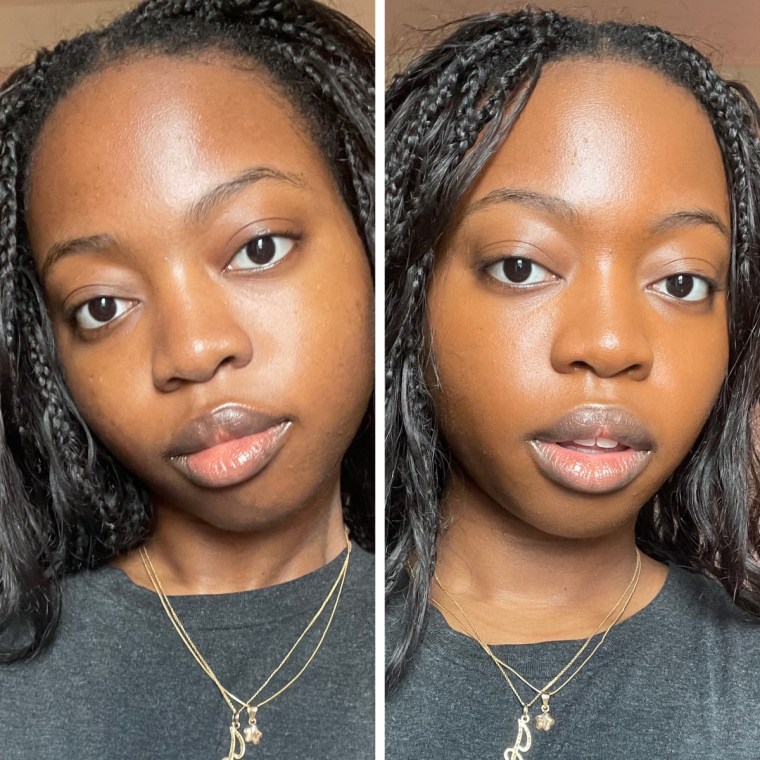 Side by side image of woman not wearing makeup and same woman wearing Lancome foundation.