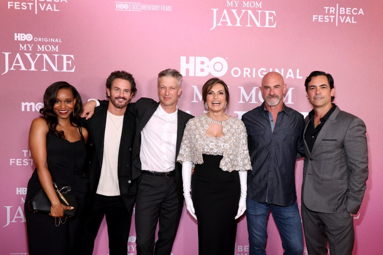 AimeΜ Donna Kelly, Kevin Kane, Peter Scanavino, Mariska Hargitay, Christopher Meloni and Danny Pino at the "My Mom Jayne: A Film by Mariska Hargitay" during the Tribeca Festival at Carnegie Hall on June 13, 2025.