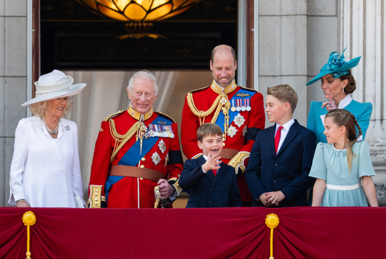 Queen Camilla, King Charles III, Prince Louis of Wales, Prince William, Prince George, Princess Catherine and Princess Charlotte