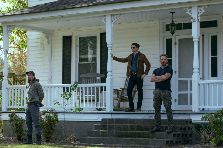 Tony Demil as Raf, Topher Grace as Grady, Josh Crotty as Nate in episode 104 of The Waterfront.