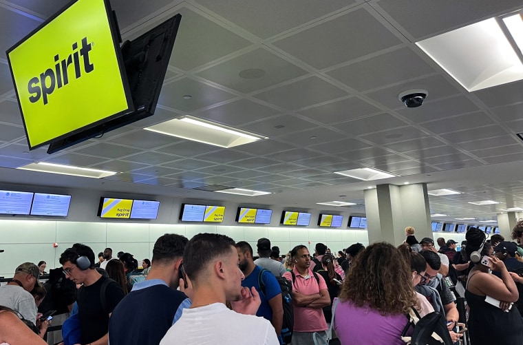 Check-in counter at Spirit Airlines at Newark Liberty International Airport, in Newark, New Jersey