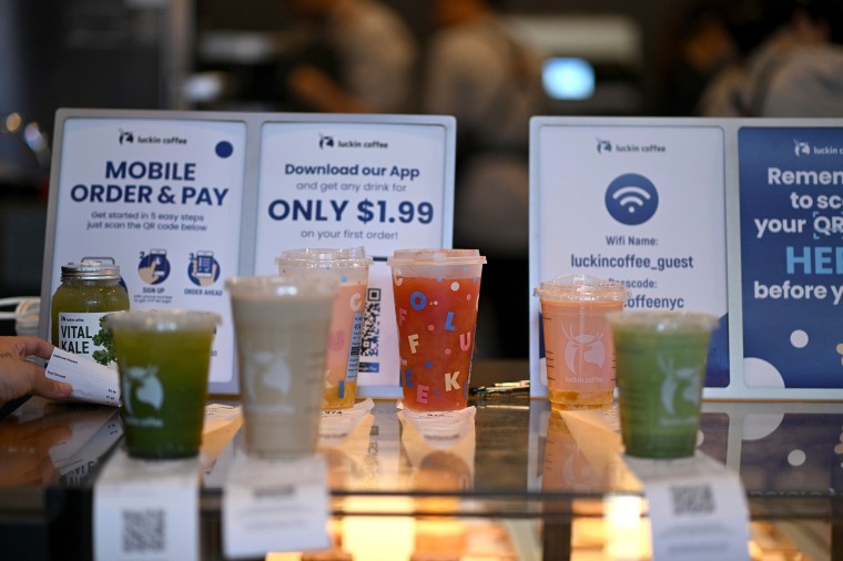 Drink orders ready for pickup or delivery inside one of the Manhattan Luckin shops on Monday.